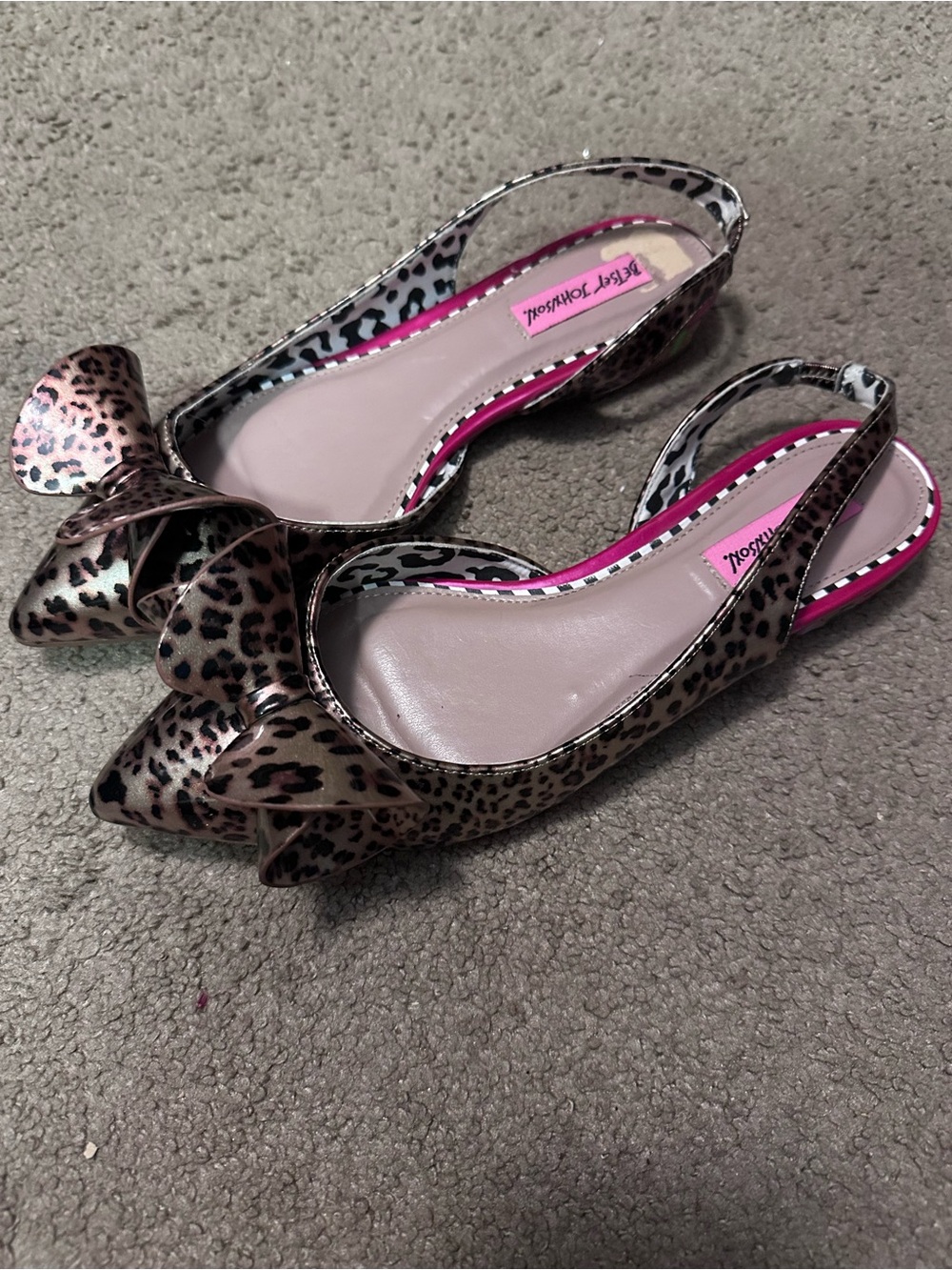 Betsey Johnson Leopard Pointed Flat with Pink Trim